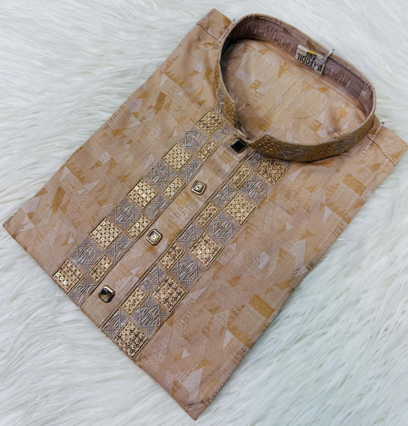 Beige Luxury Bangladeshi Panjabi with Subtle Embroidery P0003 displayed on a textured surface.
