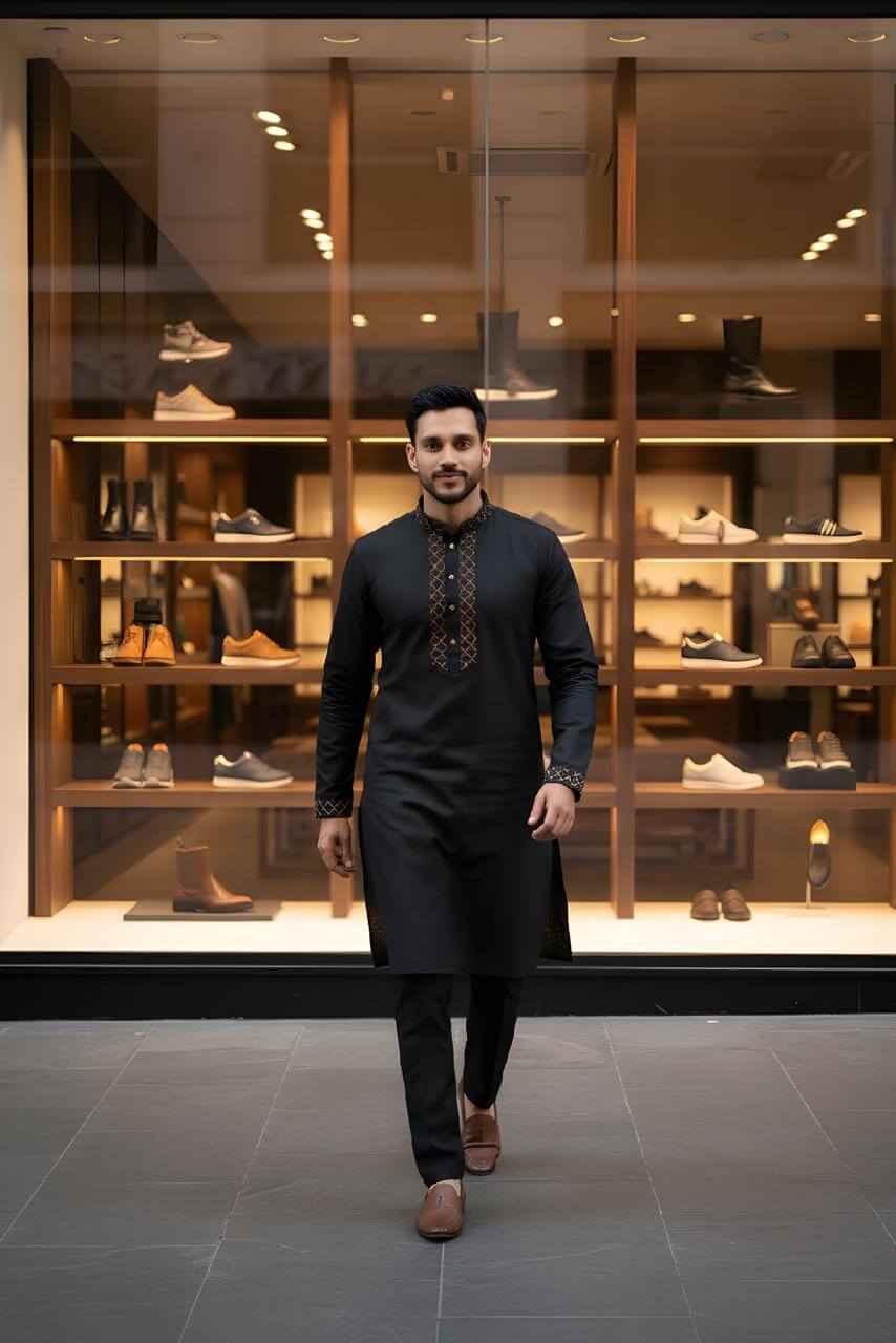 Classic Black Bangladeshi Panjabi with Elegant Golden Embroidery P0002 | 189 - Raakaat