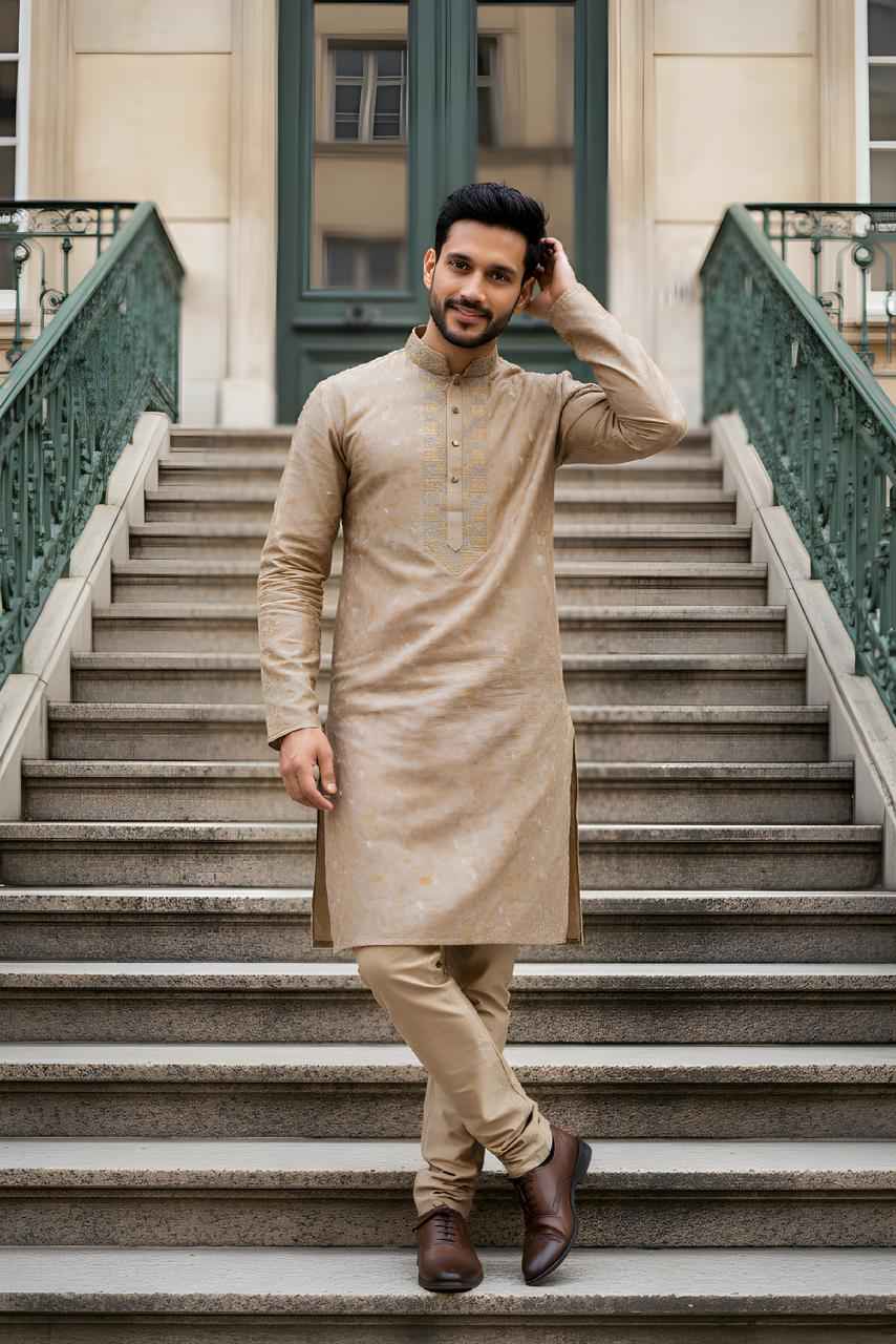 Beige Luxury Bangladeshi Panjabi with Subtle Embroidery P0003 | 194 - Raakaat