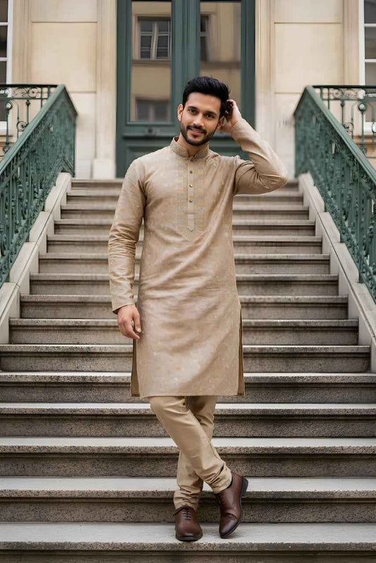 Beige Luxury Bangladeshi Panjabi with Subtle Embroidery P0003 | 194 - Raakaat