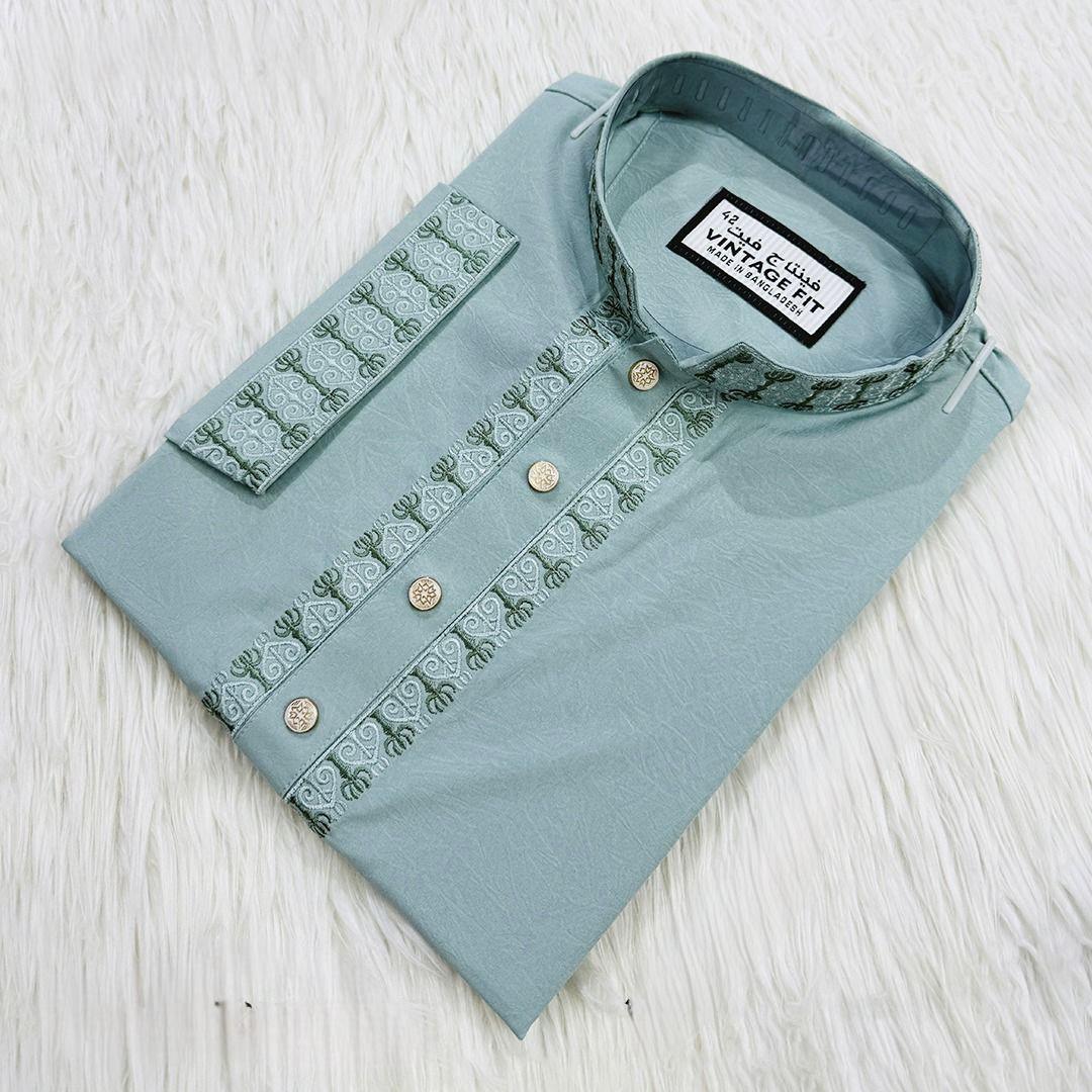 Mint Sage Geometric Embroidered Panjabi – Minimalist Elegance|364| - Raakaat