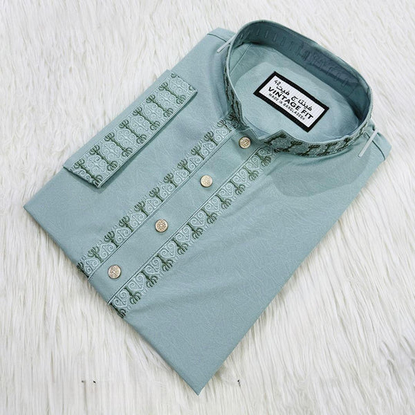 Mint Sage Geometric Embroidered Panjabi – Minimalist Elegance|364| - Raakaat