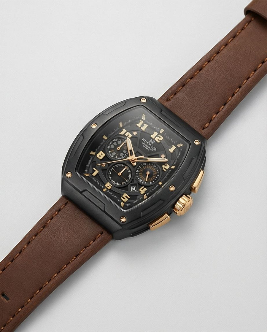W9-NAVIFORCE Chronograph Watch with Brown Leather Strap - Raakaat