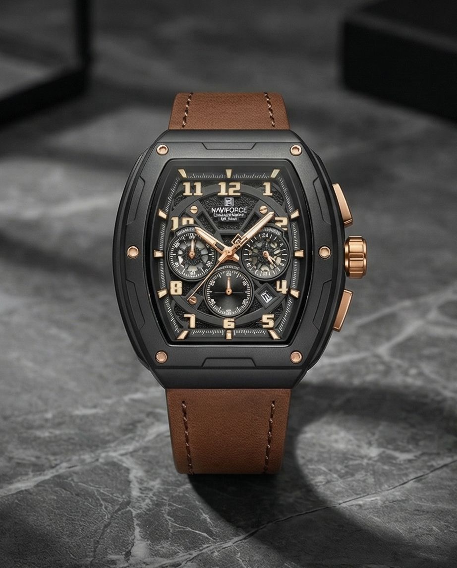 W9-NAVIFORCE Chronograph Watch with Brown Leather Strap - Raakaat