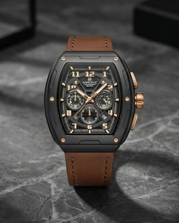 W9-NAVIFORCE Chronograph Watch with Brown Leather Strap - Raakaat