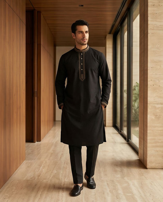 Classic Midnight Black Panjabi with Intricate Embroidery|415| - Raakaat