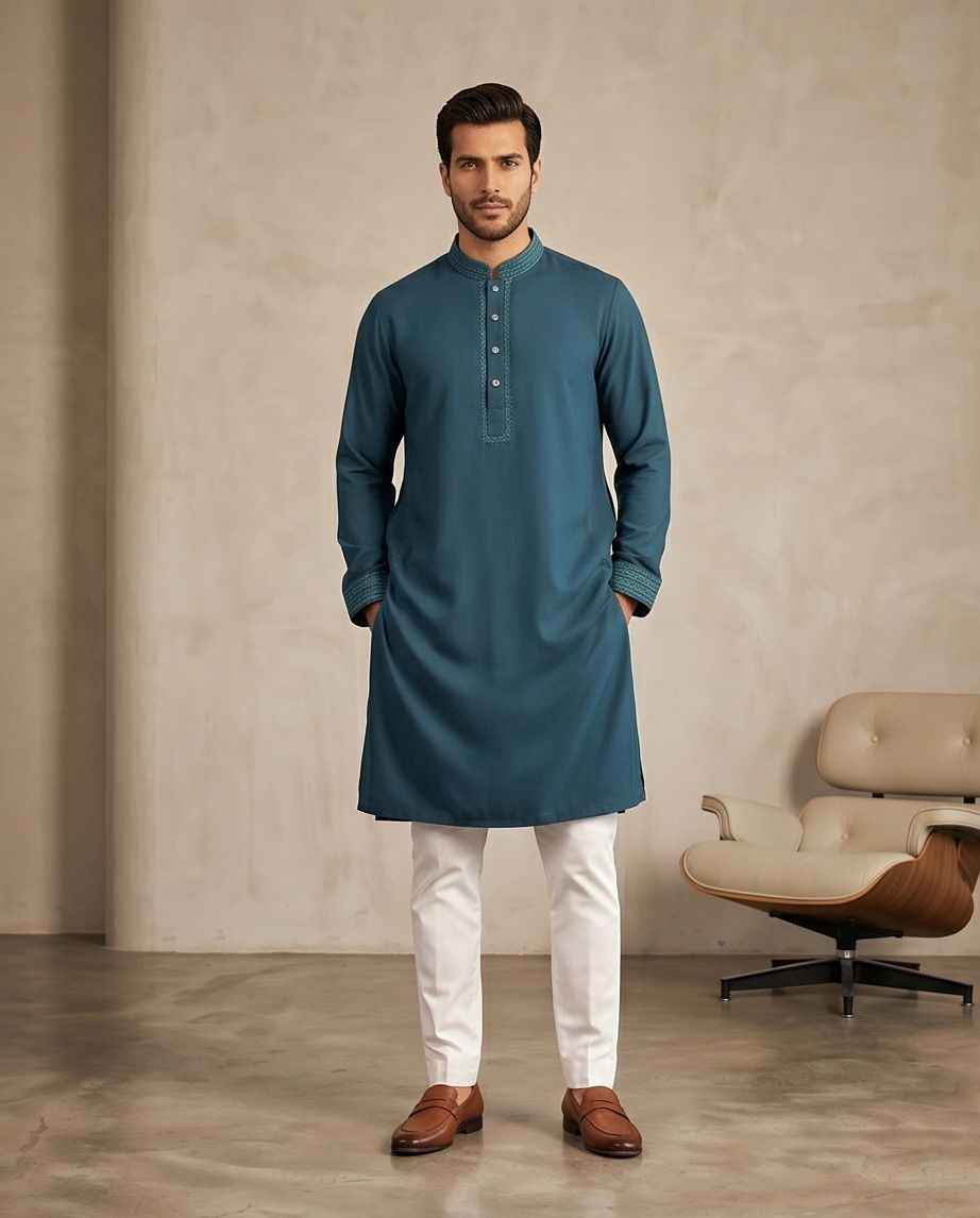 Premium Deep Teal Embroidered Panjabi |391| - Raakaat