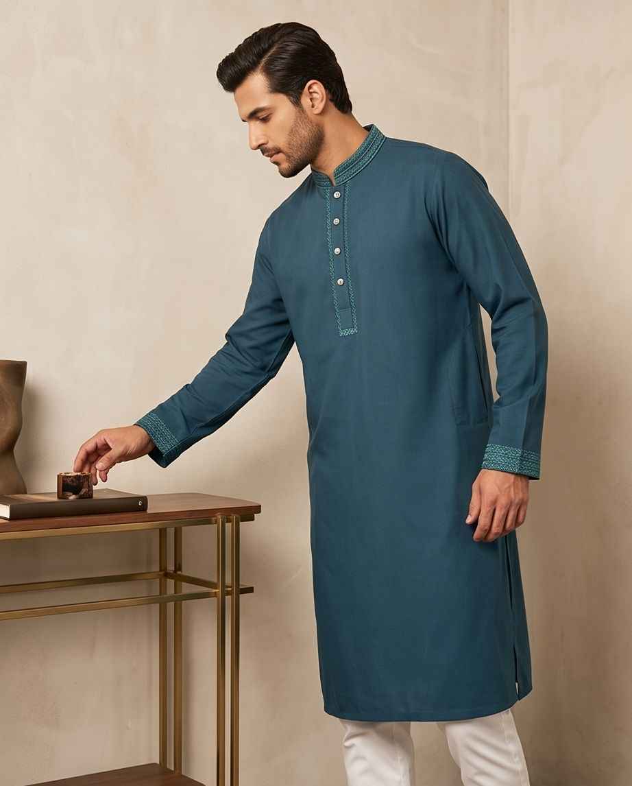 Premium Deep Teal Embroidered Panjabi |391| - Raakaat
