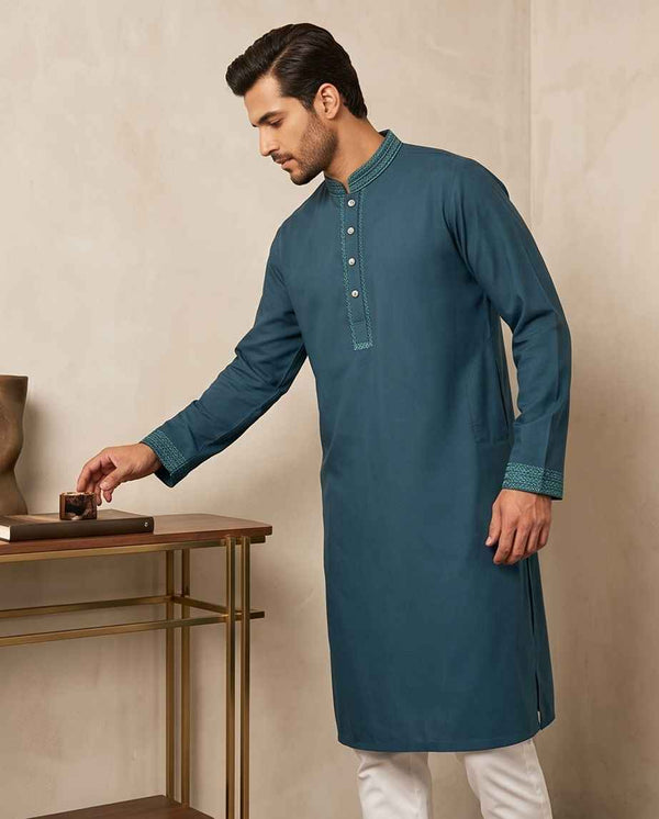 Premium Deep Teal Embroidered Panjabi |391| - Raakaat
