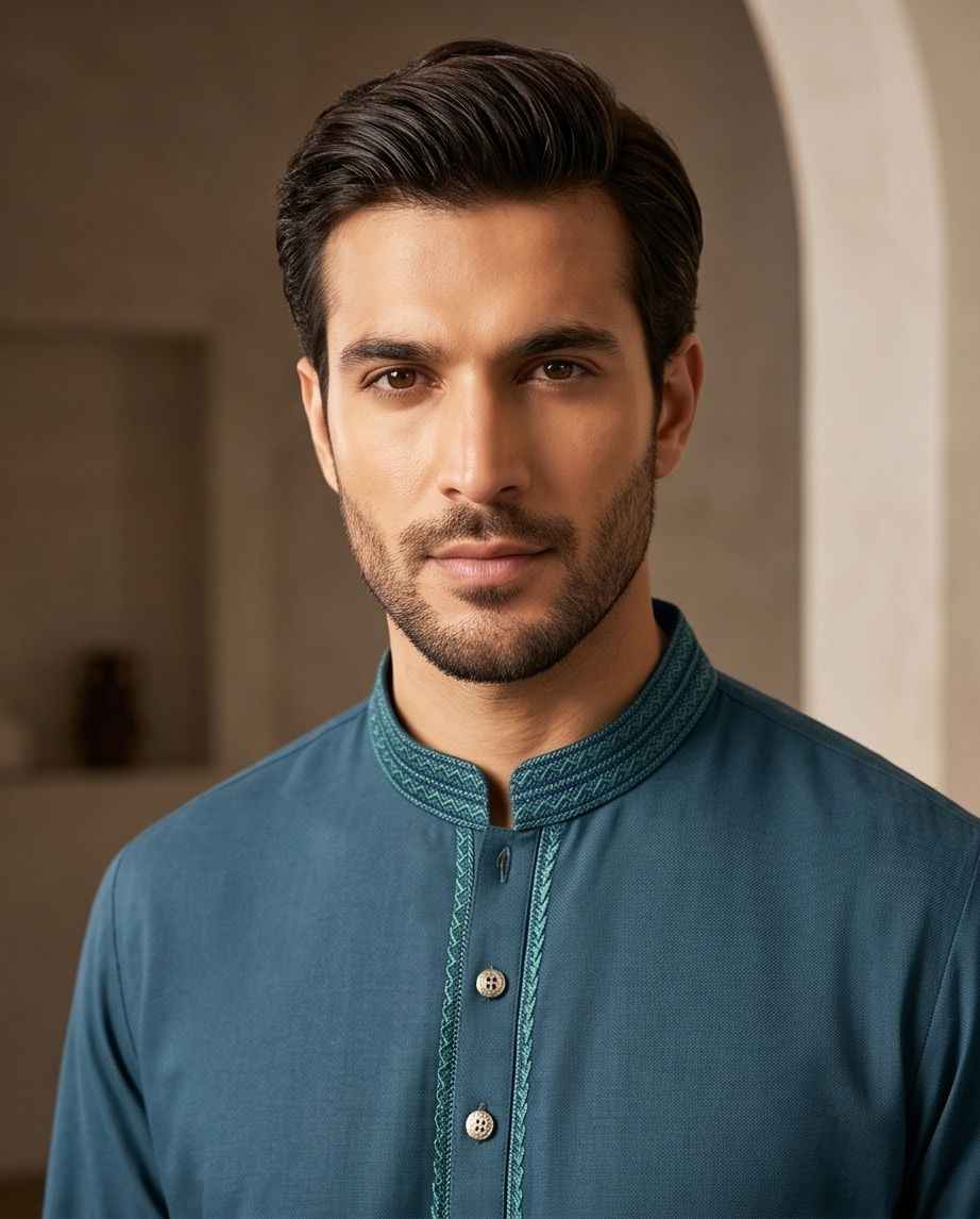 Premium Deep Teal Embroidered Panjabi |391| - Raakaat