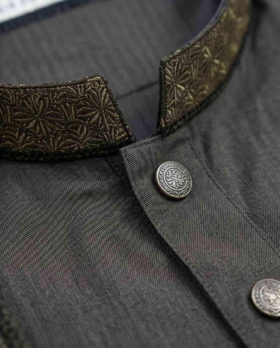 Charcoal Slate Designer Panjabi with Olive Brocade Accents|396| - Raakaat