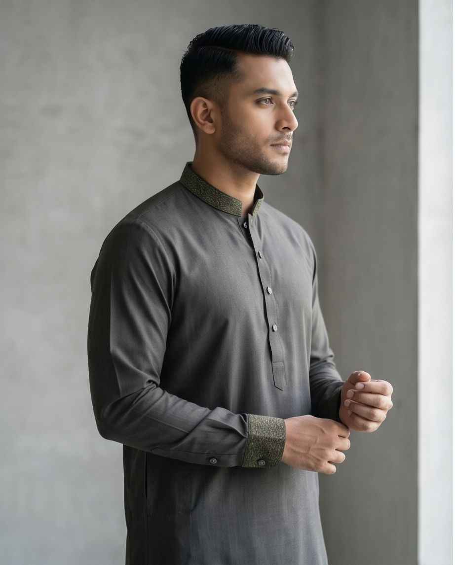 Charcoal Slate Designer Panjabi with Olive Brocade Accents|396| - Raakaat