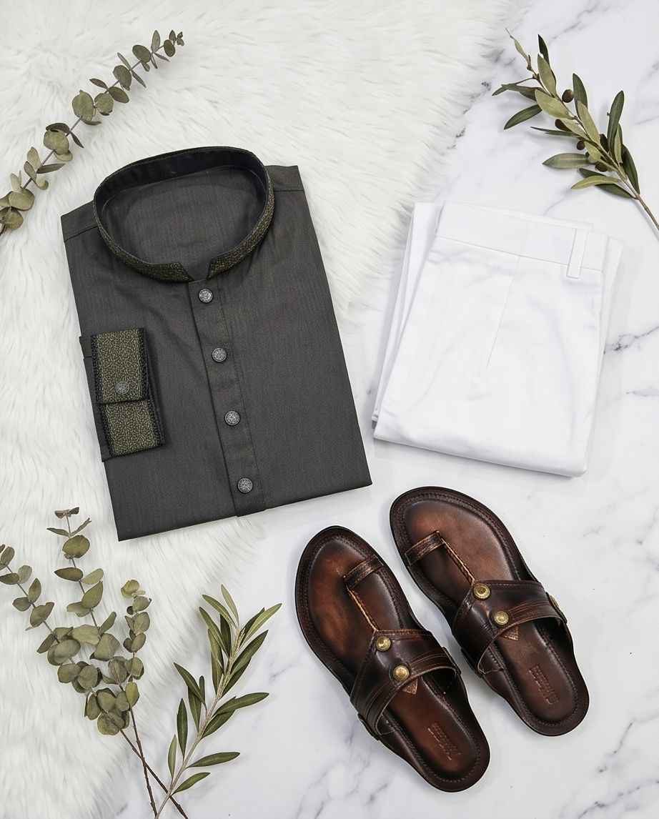 Charcoal Slate Designer Panjabi with Olive Brocade Accents|396| - Raakaat