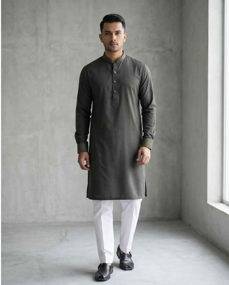 Charcoal Slate Designer Panjabi with Olive Brocade Accents|396| - Raakaat