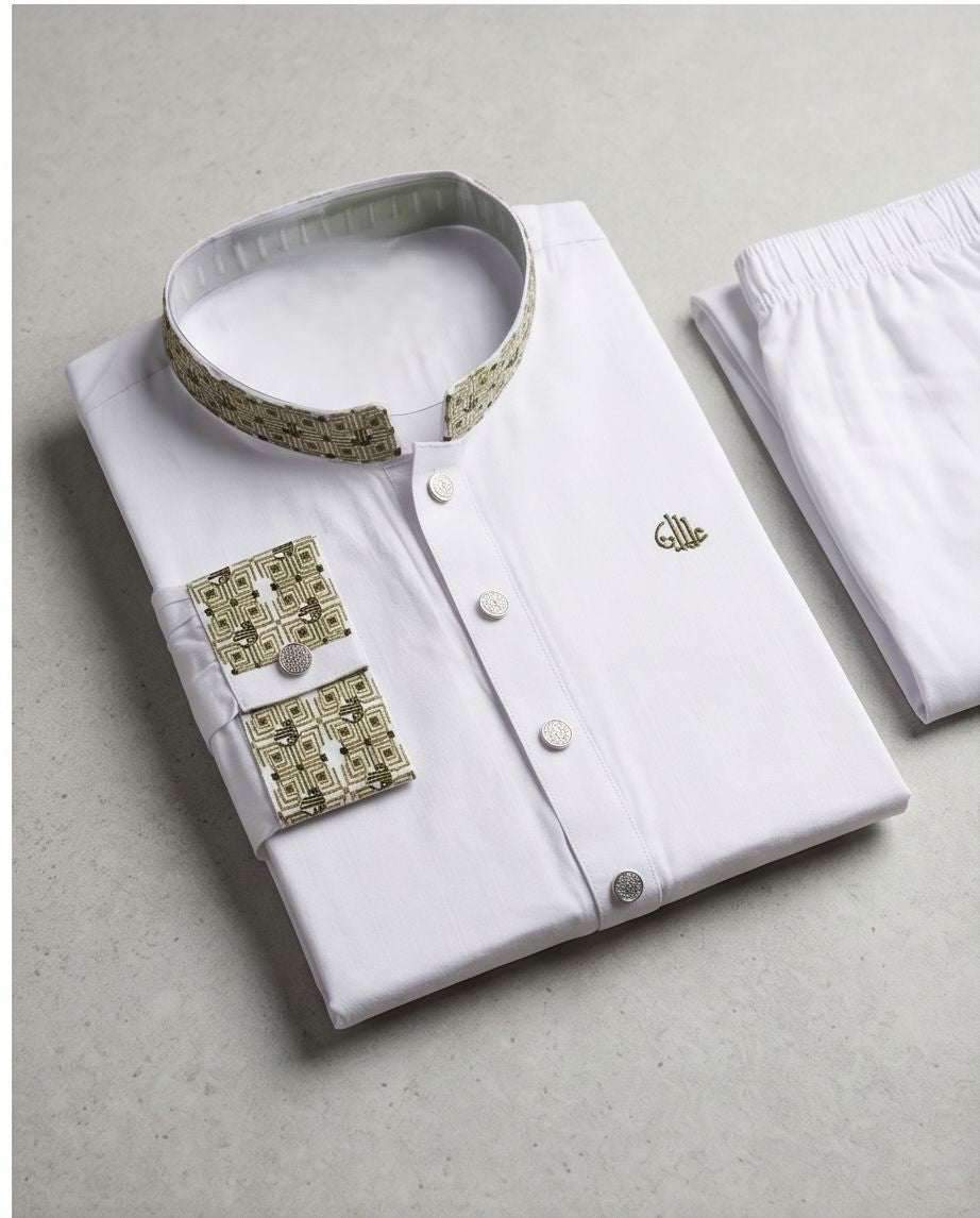 Pristine White Panjabi with Olive Calligraphic Embroidery | 432| - Raakaat