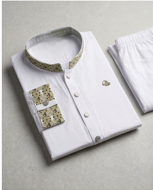Pristine White Panjabi with Olive Calligraphic Embroidery | 432| - Raakaat
