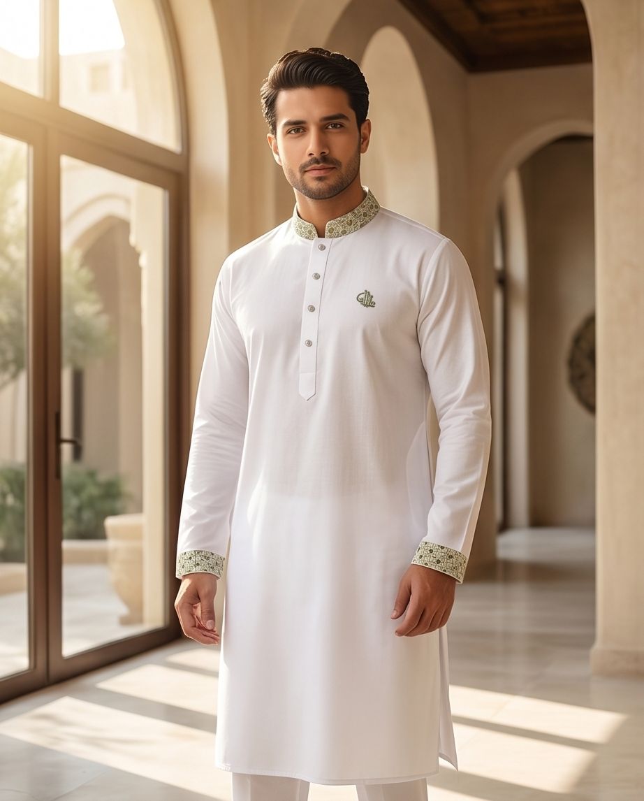 Pristine White Panjabi with Olive Calligraphic Embroidery | 432| - Raakaat
