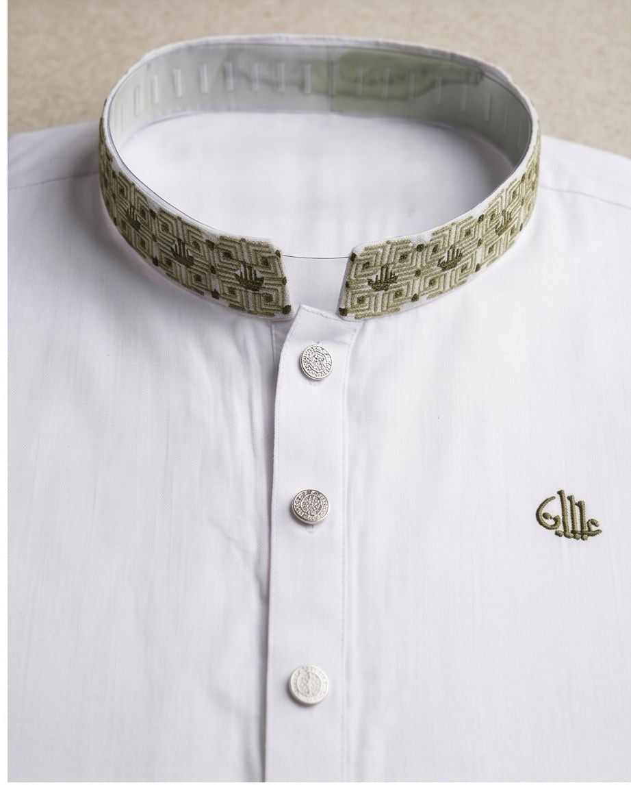 Pristine White Panjabi with Olive Calligraphic Embroidery | 432| - Raakaat