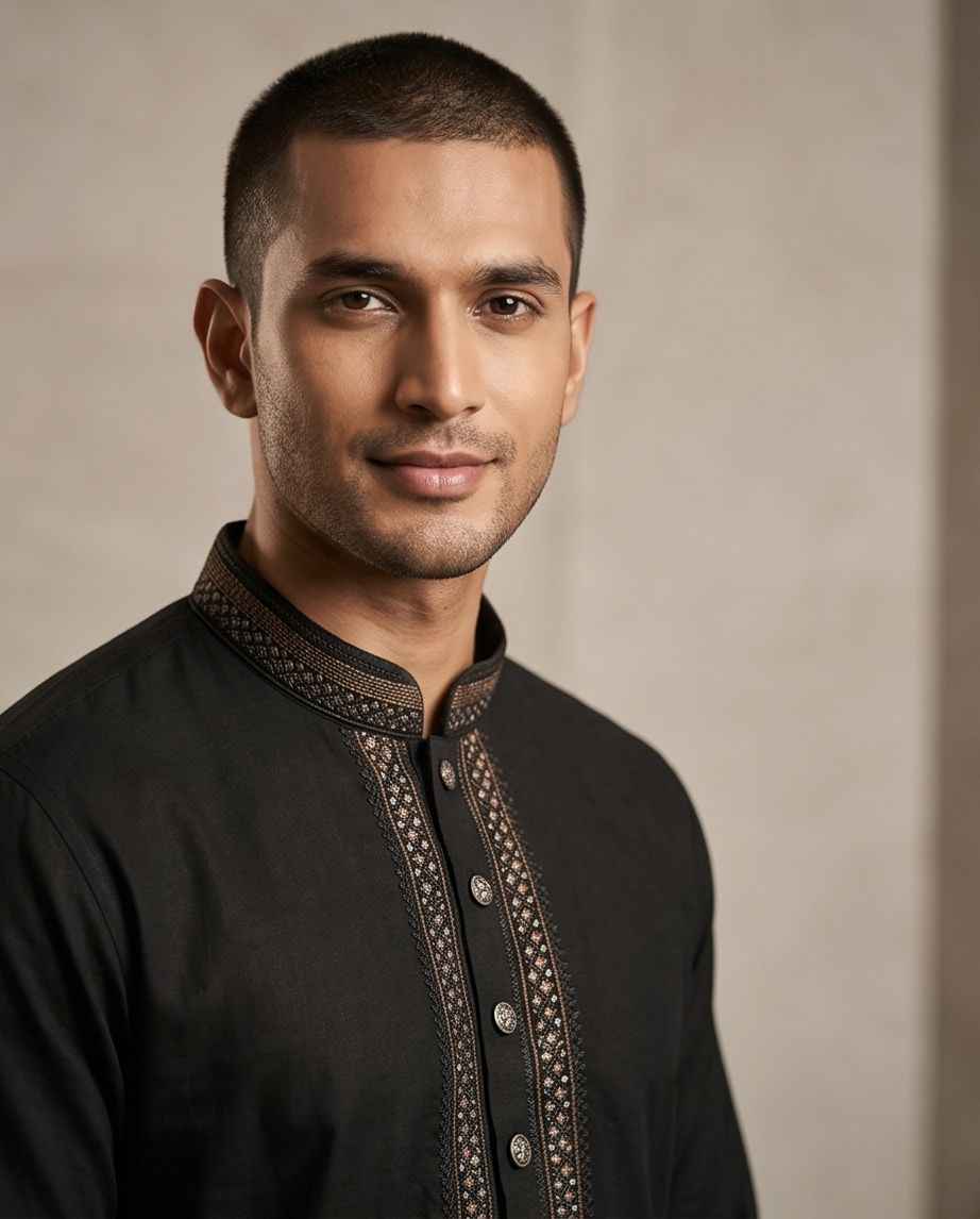 Classic Midnight Black Panjabi with Intricate Embroidery|415| - Raakaat