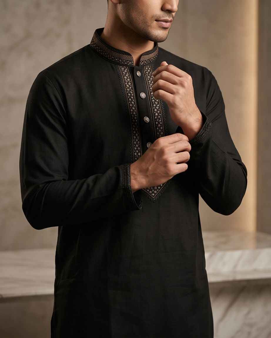 Classic Midnight Black Panjabi with Intricate Embroidery|415| - Raakaat