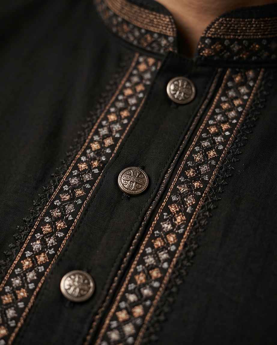 Classic Midnight Black Panjabi with Intricate Embroidery|415| - Raakaat