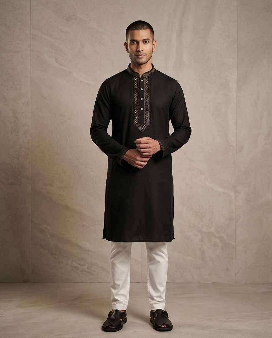 Classic Midnight Black Panjabi with Intricate Embroidery|415| - Raakaat