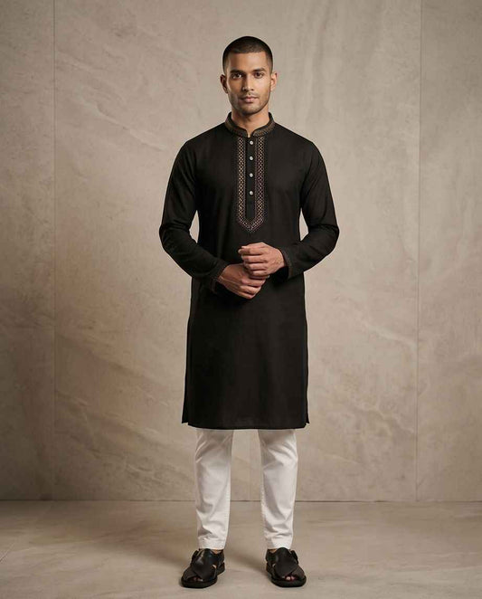 Classic Midnight Black Panjabi with Intricate Embroidery|415| - Raakaat