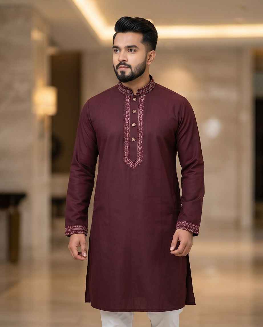 Royal Maroon Embroidered Panjabi |352| - Raakaat