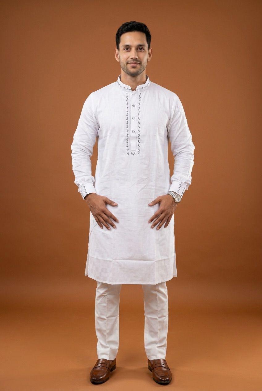 Alpine White Geometric Embroidered Panjabi|427| - Raakaat