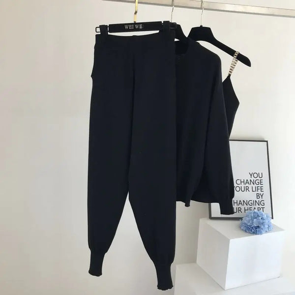 Three-Piece Knit Jacket and Elastic Pants Set