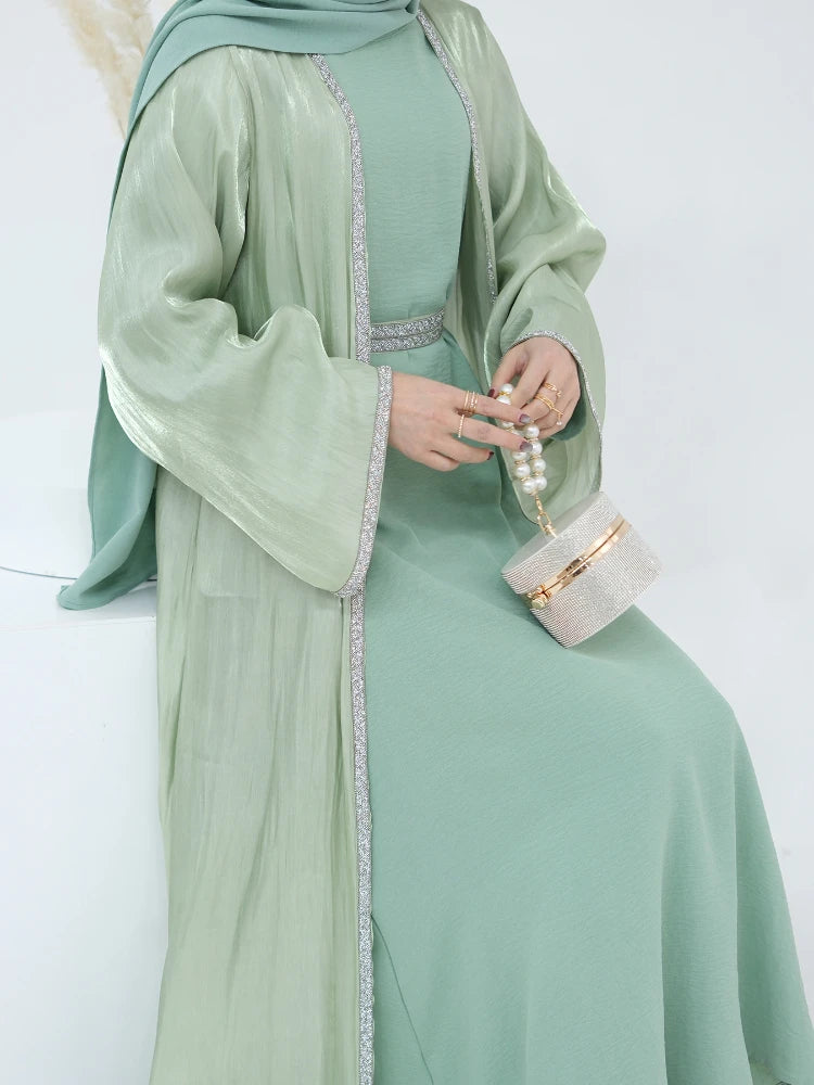 Muslim Abaya for Women Eid Dress 2 Piece Set Diamond Morocco Ramadan Lace-up Abayas Kaftan Islam Cardigan Dubai Arab Long Robe