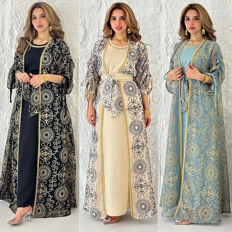 Ramadan Eid Djellaba Kimono Jalabiya Muslim Sets for Women Dubai Abaya Turkey Kaftan Robe Caftan Marocain Femme Islam Clothing