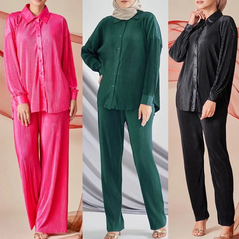 Malaysia Plain Muslim Women Long Sleeve Tops Blouse Pants Islam Abaya Dubai Ramadan Arab Clothes 2 Piece Set Modest Kaftan Suit