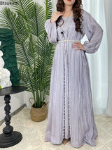 Women Eid Muslim Abaya Lantern Sleeve Gorgeous Party Dress Solid Pearls Long Robe Dubai Abaya Kaftan Streamer Yarn Vestidos