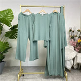 3 Piece Set Eid Muslim Dress Women Open Abaya Kaftan Dubai Kaftan Tops Pants Turkey Islam Kimono Robe Femme Musulmane Ensembles