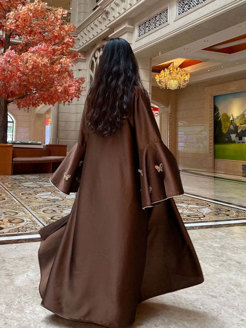 Muslim Women Abaya Dress 2 Piece Set Butterfly Satin Lace-up Morocco Caftan Inner Dress Musulman Ensembles Cadigan Outfit Suits