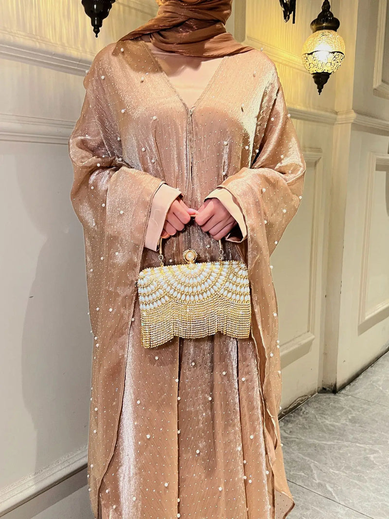 Muslim Abayas Dresses Suit for Women eid Party Vestidos 2 Piece Sets Pearls Ramadan Morocco Dubai Arab Long Robe Kaftan Ensemble