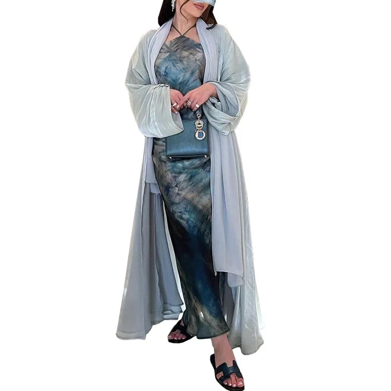 Eid Ramadan Silky Beige Abaya Button Sleeve Open Abayas And Khimar Women Party Evening Kaftan Caftan Kebaya Vestido Cardigan