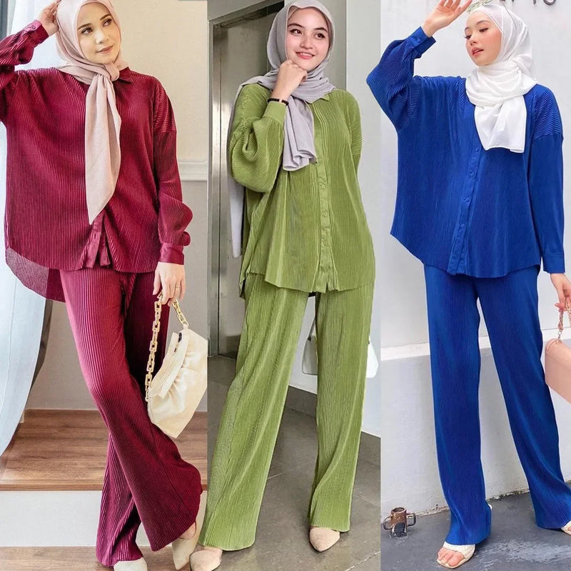 Malaysia Plain Muslim Women Long Sleeve Tops Blouse Pants Islam Abaya Dubai Ramadan Arab Clothes 2 Piece Set Modest Kaftan Suit