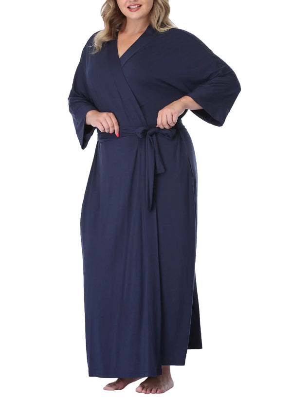 Women Kimono robe Plus Size Long Sleepwear Knit Bride Bridesmaid Robe Lightweight Bathrobe Soft Nightwear Bridal party Navy 1X