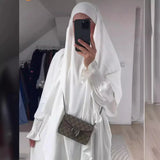 2 Pcs Muslim Set  New Sweet Solid Color Long Dress+Single Layer Shawl Suit  Abaya and Khimar Set Jilbab 2 Pcs Ramadan Long Hijab