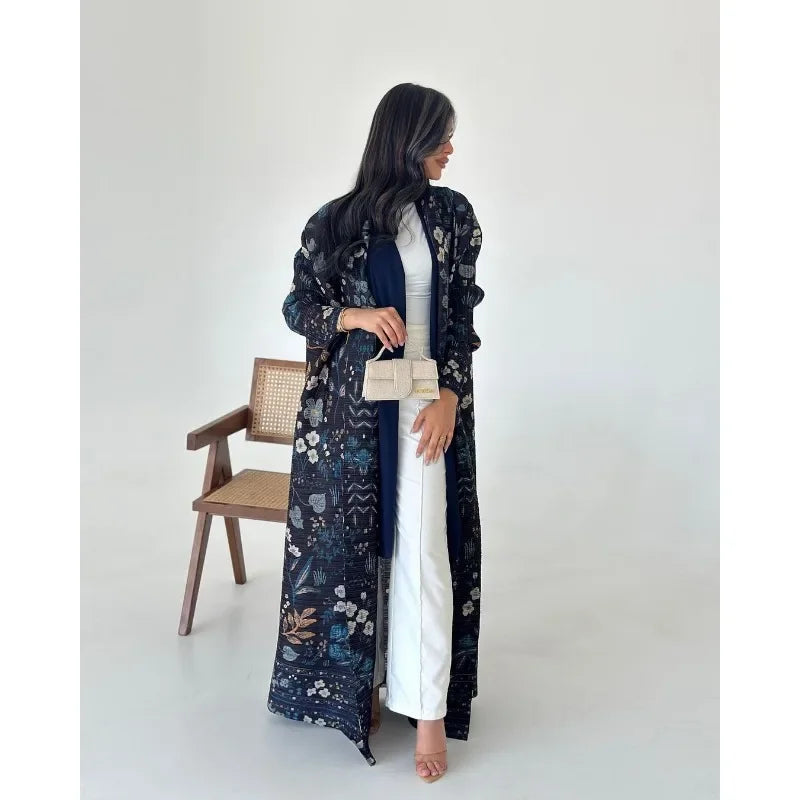 Miyake Pleated Black Printed Trench Coat Jacket Muslim Abaya High Quality Fashion Casual Commuter Peplum Women's Clothing