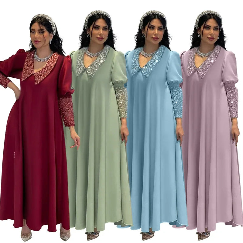 Abaya Dubai Turkey Muslim Women Long Loose Maxi Dress Women's Robe Fashion Sequin Beaded Splicing Middle East Dress