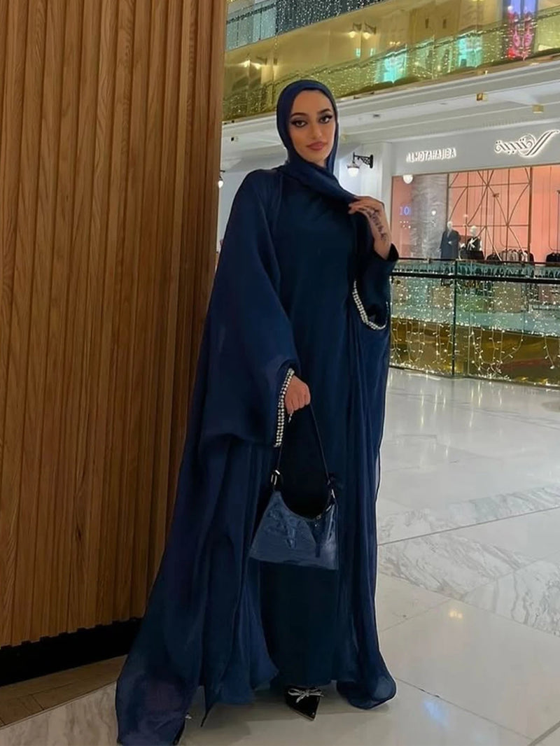 Abaya Scarf Dress 3 Piece Set for Women Cardigan Ramadan Beading Sleeve Dubai Jalabiya Kaftan Vestidos Arab Robe 2025