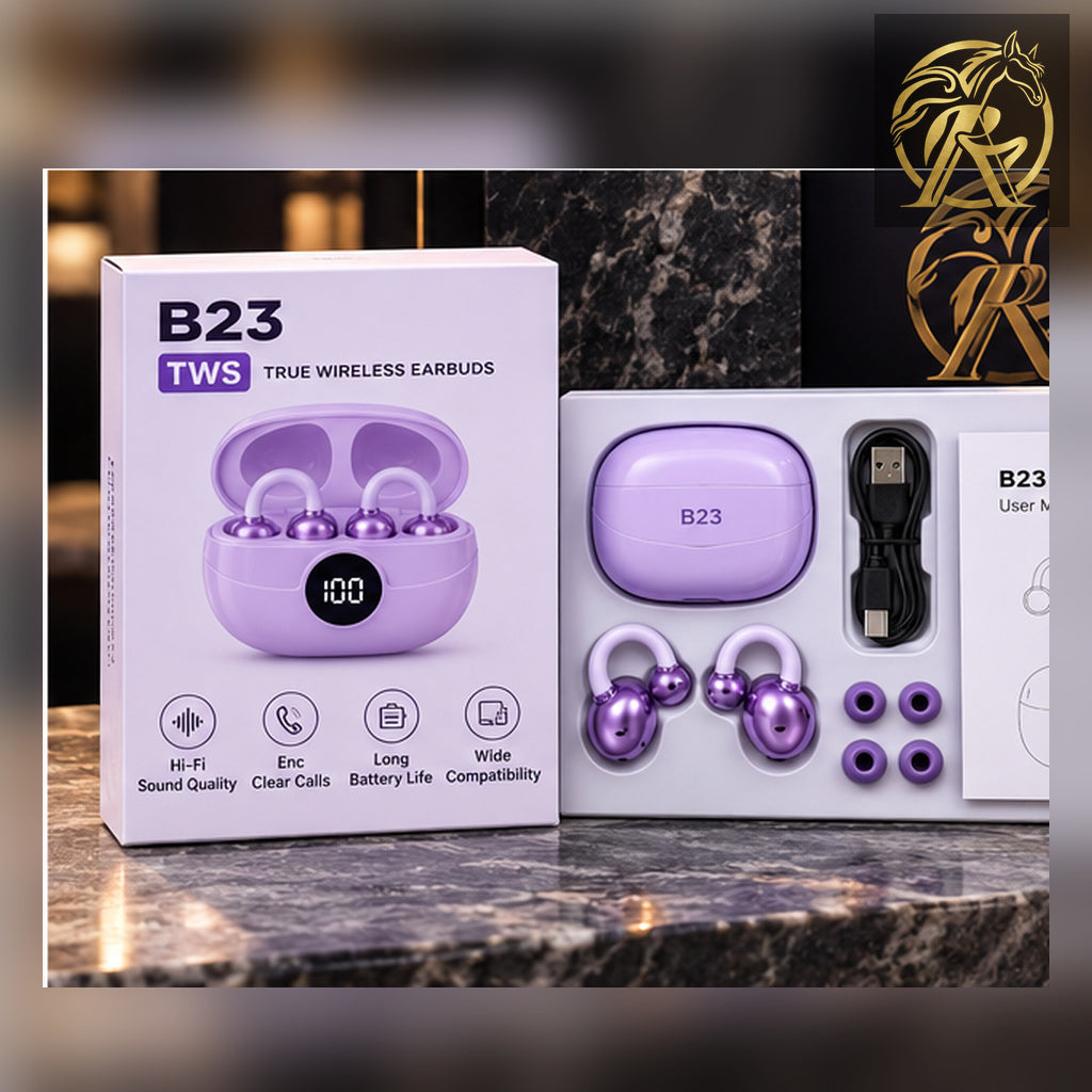 GULFLINKSA B23 purple earbuds box and accessories – Raakaat