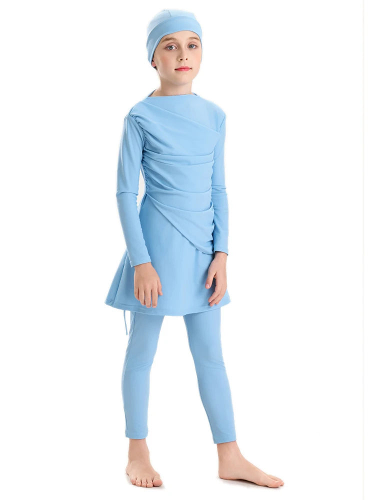 New 2025 Islamic Dubai Modest Abaya 3 Piece Set Burkini Muslim Kids Swimwear Girl With Swim Cap Femme Musulmane Clothing