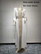 White Dress with Belt Women Muslim Eid Abaya Gold Lace Trim Party Gown Sleeveless Bottom Underskirt Saudi Arab Jalabiya Kaftan