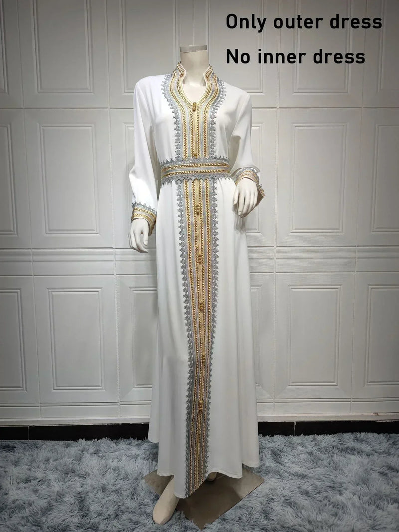 White Dress with Belt Women Muslim Eid Abaya Gold Lace Trim Party Gown Sleeveless Bottom Underskirt Saudi Arab Jalabiya Kaftan