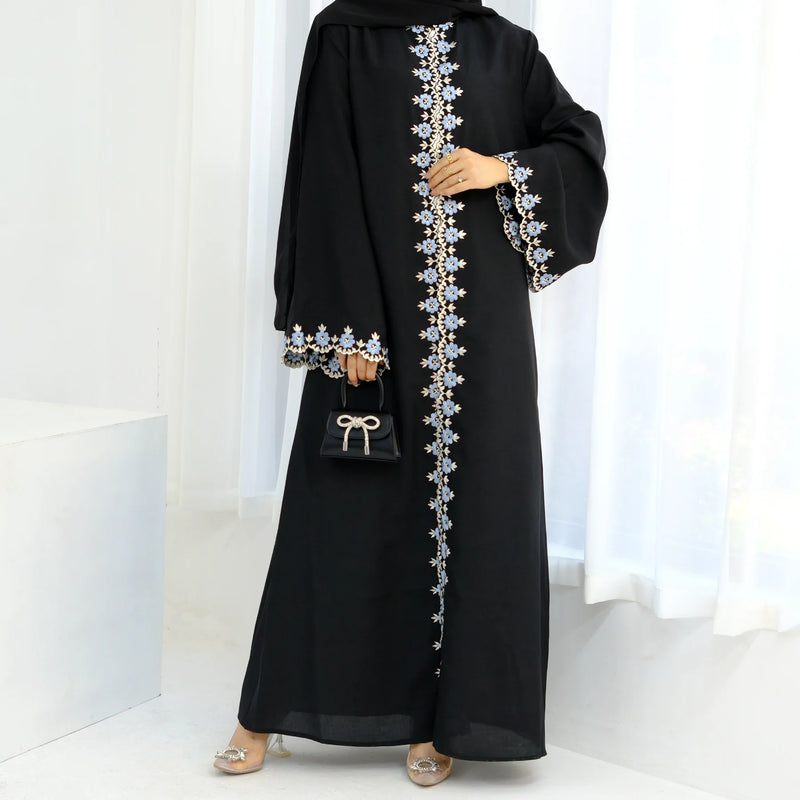 Flower Embroidery Abayas for Women Muslim Dress Dubai Open Abaya Turkey Kaftan Kebaya Caftan Marocain Femme Robe New