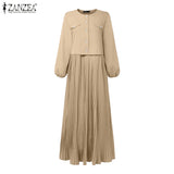 2025 ZANZEA Autumn Maxi Long Dress Women Elegant Long Sleeve Solid Pleated Sundress Patchwork Dresses Muslim Abaya Robe Femme